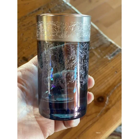 Vetri di Firenze Vtg Etched Colored Glass Etched Silver Top Rim Cordials Italian